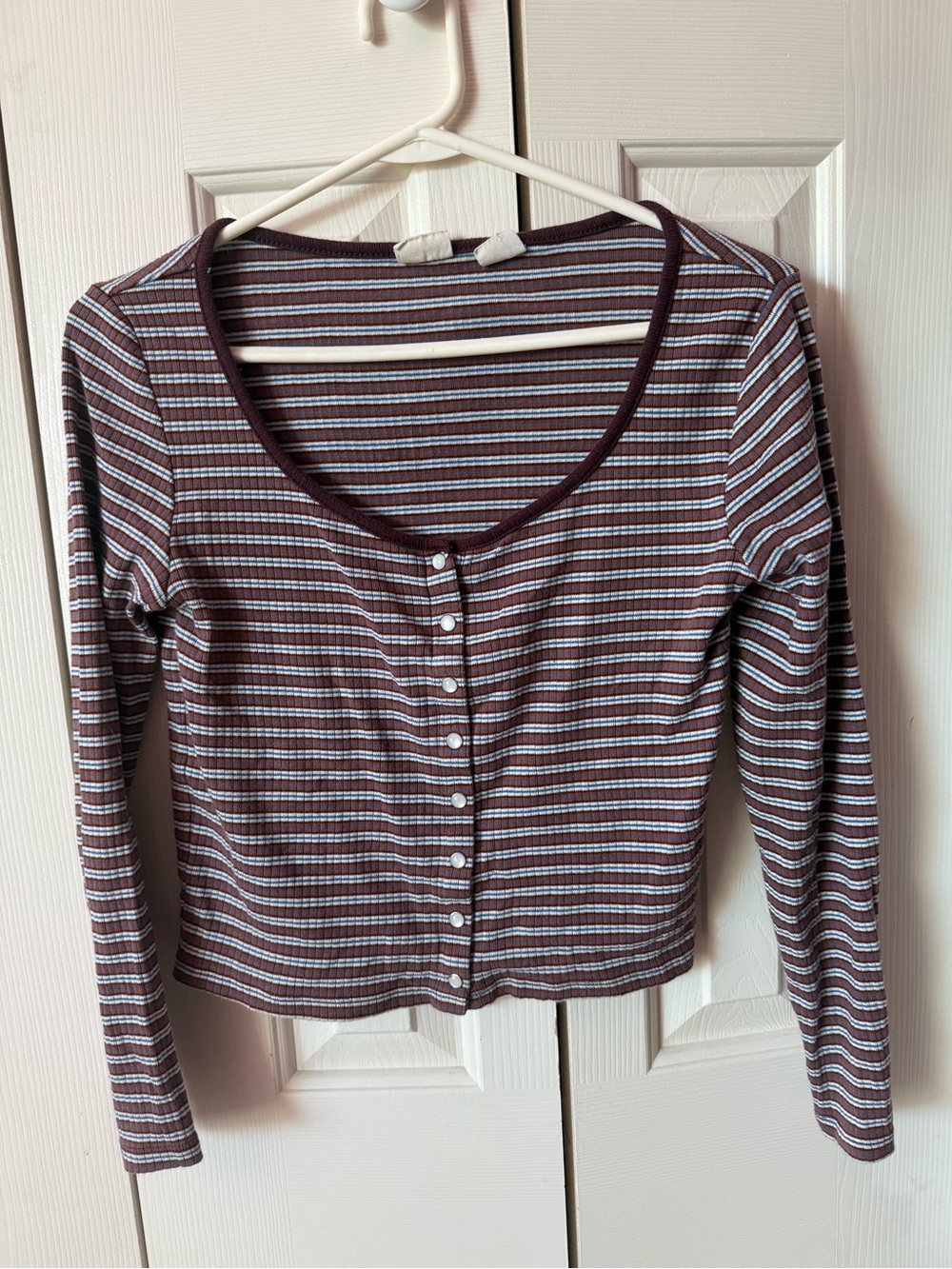 Levi’s Striped Scoop-Neck Long Sleeve Button-Front Top in Burgundy and White